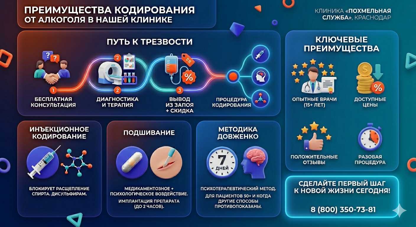 Инфографика о методах кодирования от алкоголя в Свирске: инъекции, подшивание, метод Довженко. Преимущества клиники и этапы лечения.